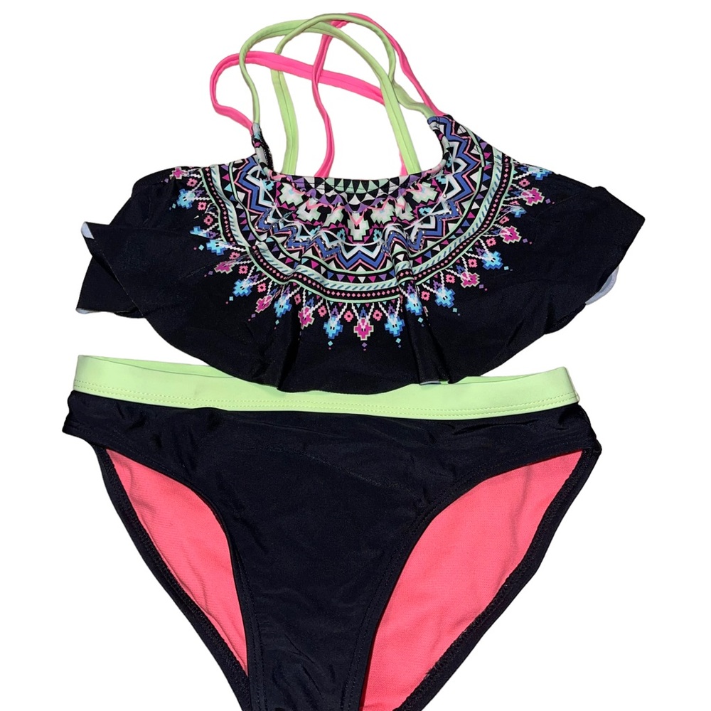 Angel Beach Girls 2 Pc Swimsuit Girls Size 10 Black Pink Green Aztec Print